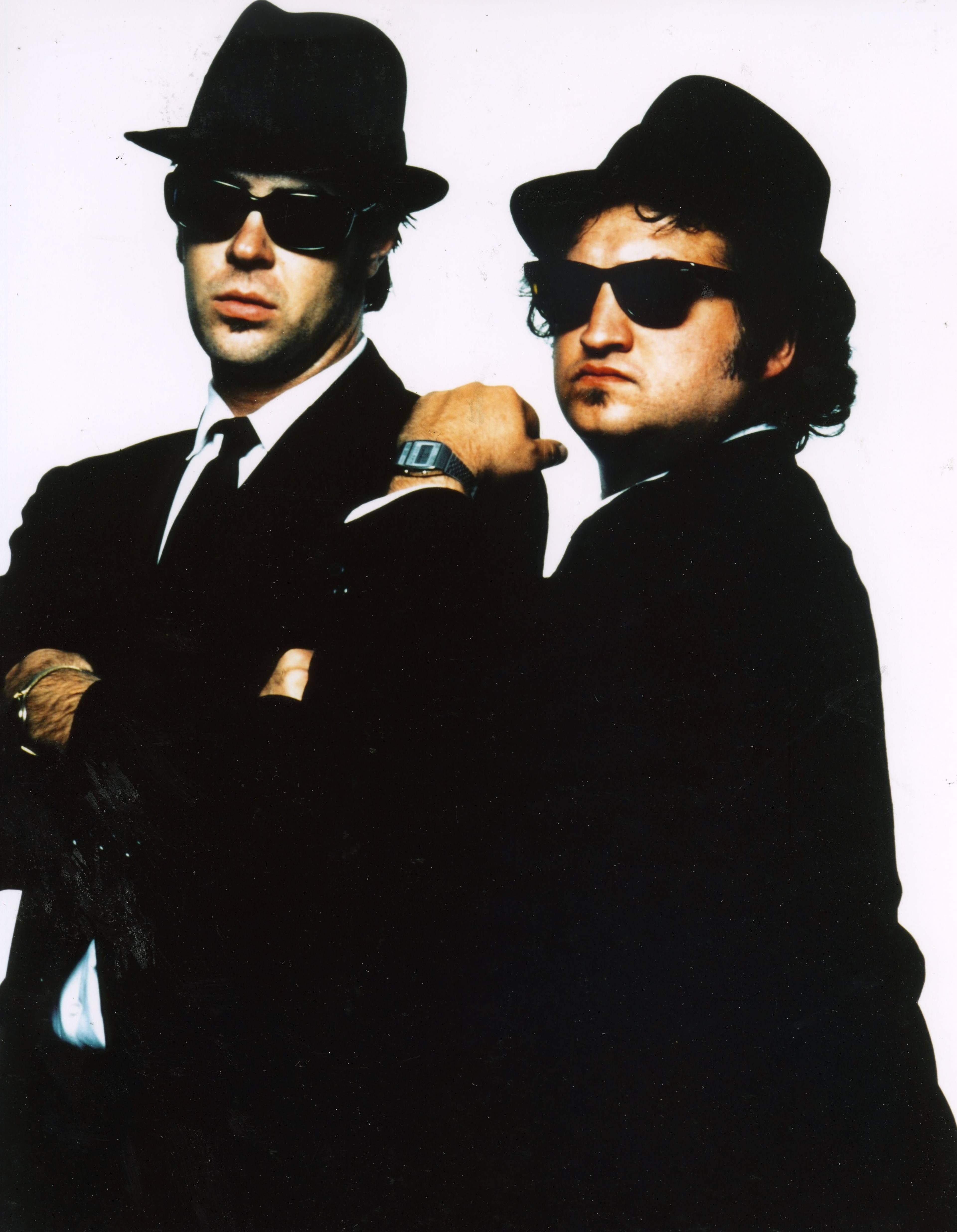 John Belushi and Dan Aykroyd performing as Jake and Elwood Blues