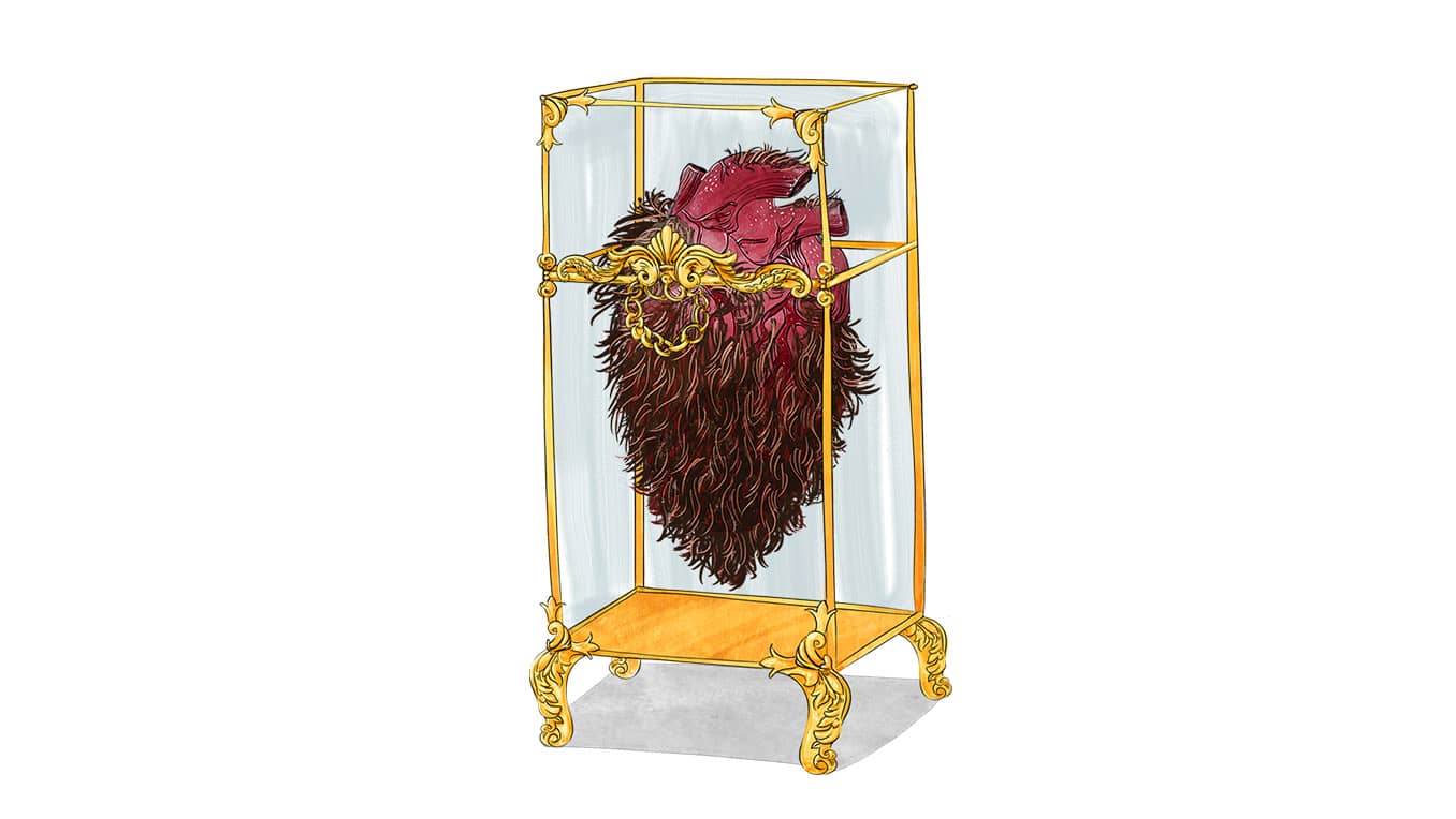 A drawing of a human heart with hair growing from it is on display in a glass case