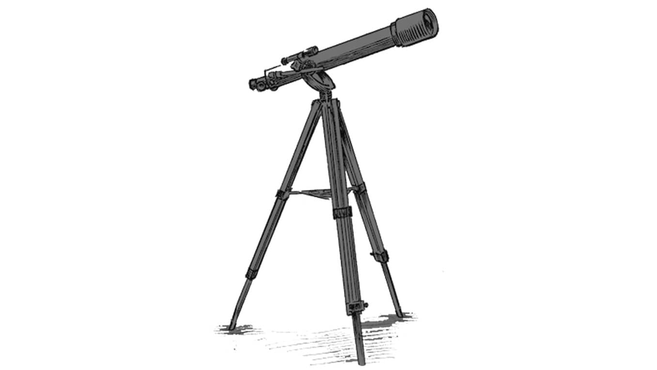 A drawing of a grey telescope pointing upward