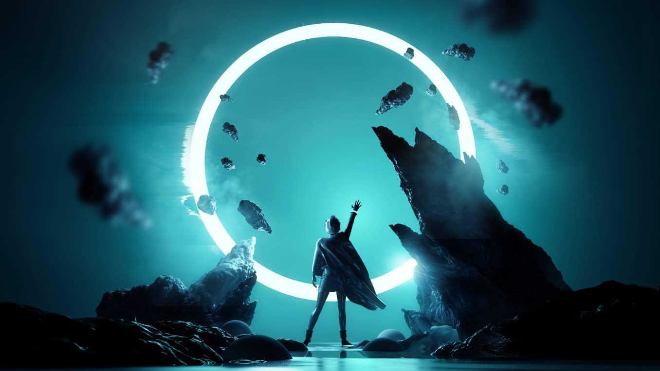 A figure stands before an ominous ring in anti-gravity