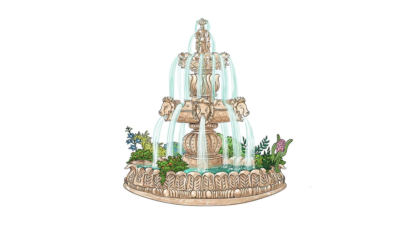 A drawing of an elaborate fountain spouting water as flowers grow from the pool