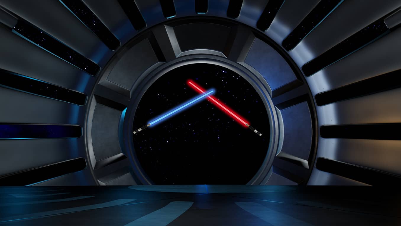 A red and blue light sabre touching in combat while visible through a space shape's circular window of outer space.